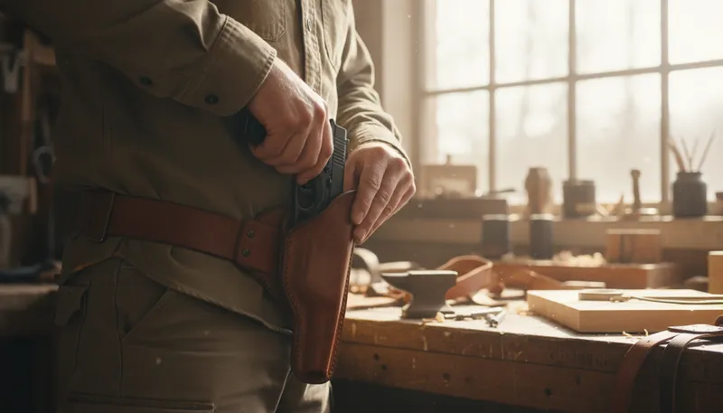 Illustration of holster: A holder for a firearm.
