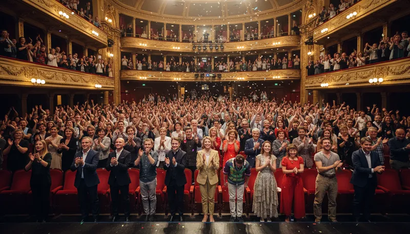 Illustration of ovation: Enthusiastic applause or praise.