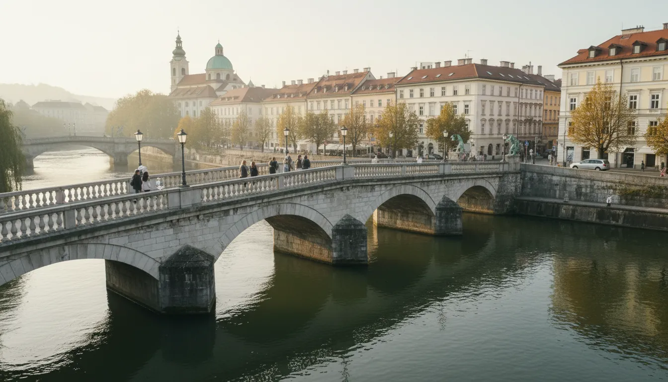 Ljubljanaのイラスト：The capital city of Slovenia, known for bridges.