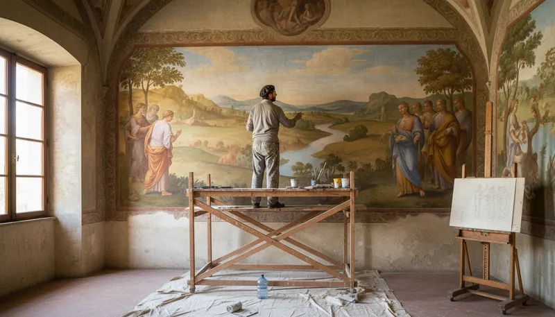 Illustration of fresco: A painting done on freshly applied plaster.