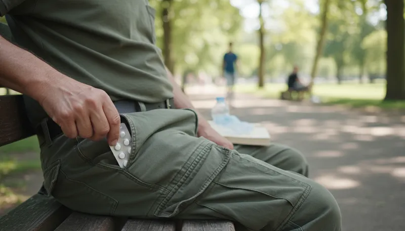 Illustration of pill in the pocket: easy way to handle a situation.