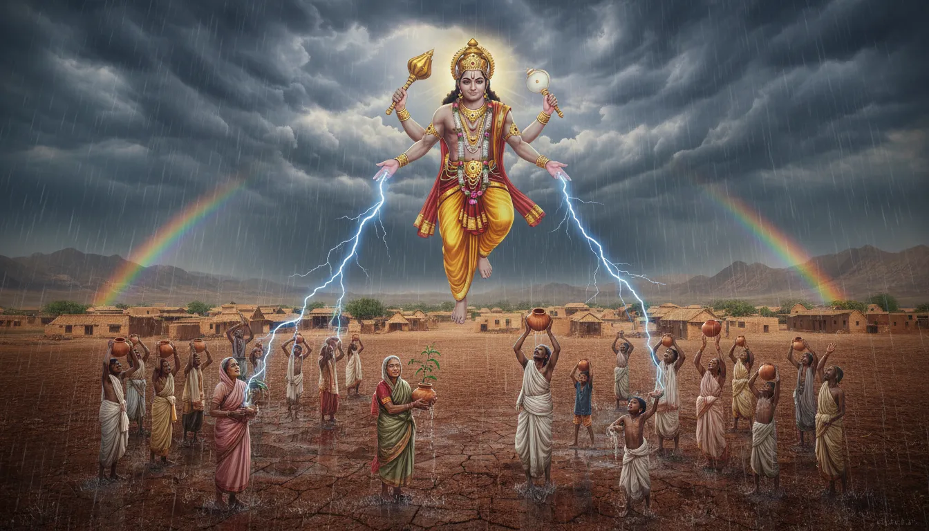 Ilustración de Indra: A king of gods in Hindu mythology.