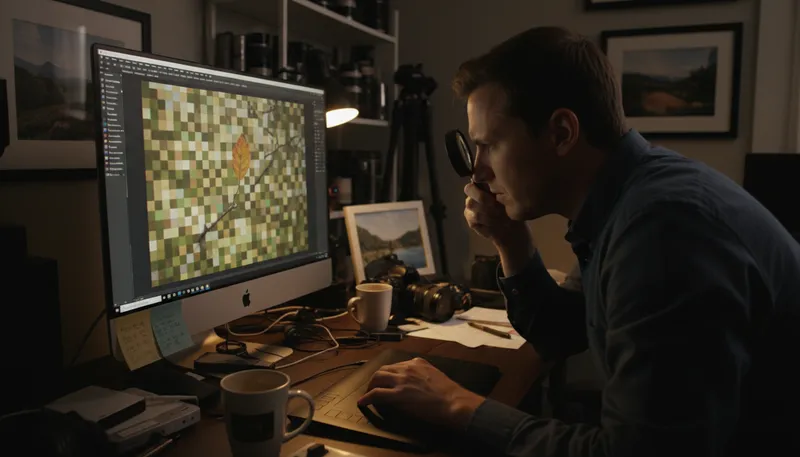 Illustration of pixel peeper: A person who closely examines digital images.