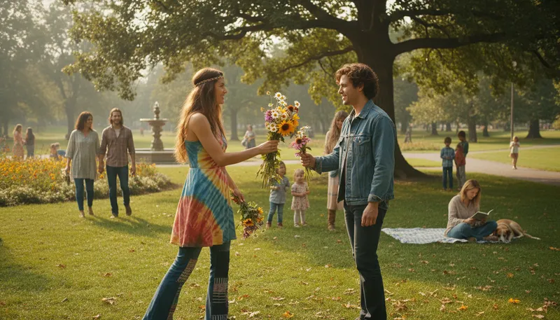 Illustration of hippy: A person advocating peace and love, often counterculture.
