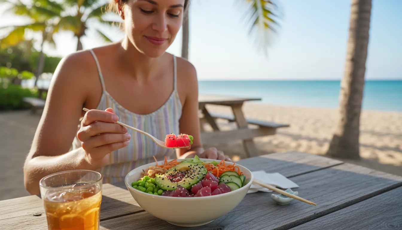 Illustration of poke: a Hawaiian dish of raw fish and toppings