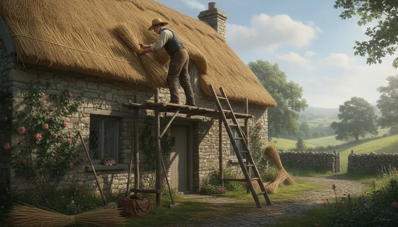 Illustration of thatcher: a person who thatches roofs with straw