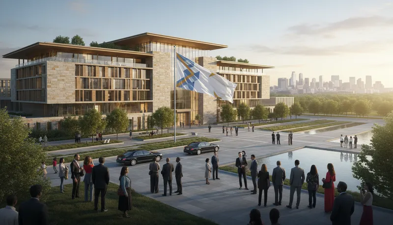 Illustration of embassy: building where diplomats work