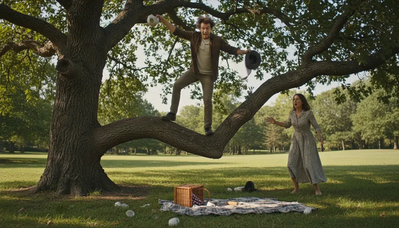Illustration of off one's tree: crazy or irrational in behavior.