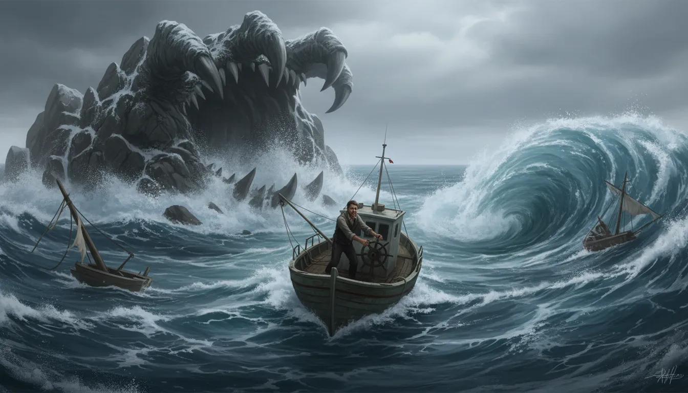 Illustrazione di between Scylla and Charybdis: Facing two dangerous choices.