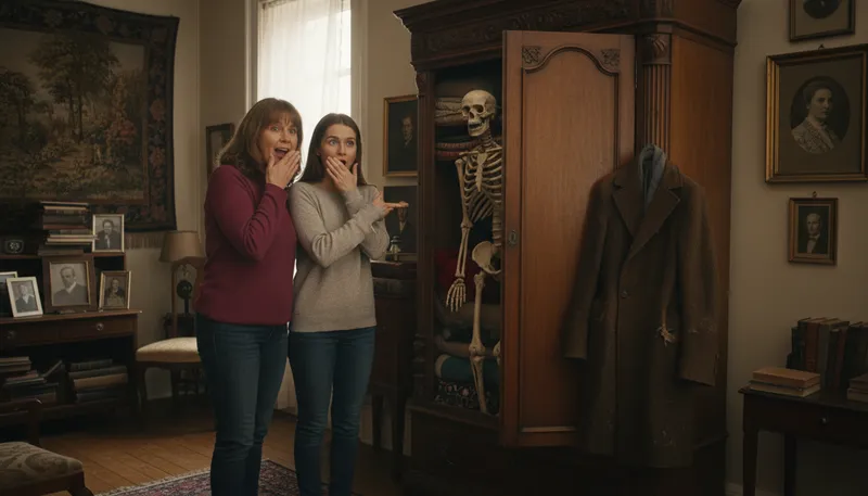 Illustration of skeleton in the cupboard: A hidden secret or problem.