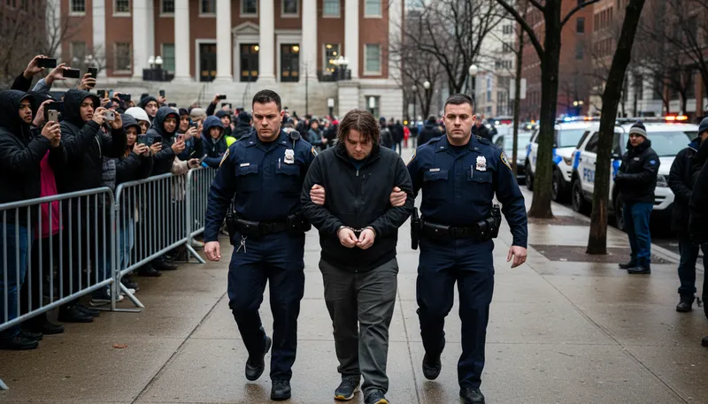 Illustration of perp walk: A police escort of an arrested person.