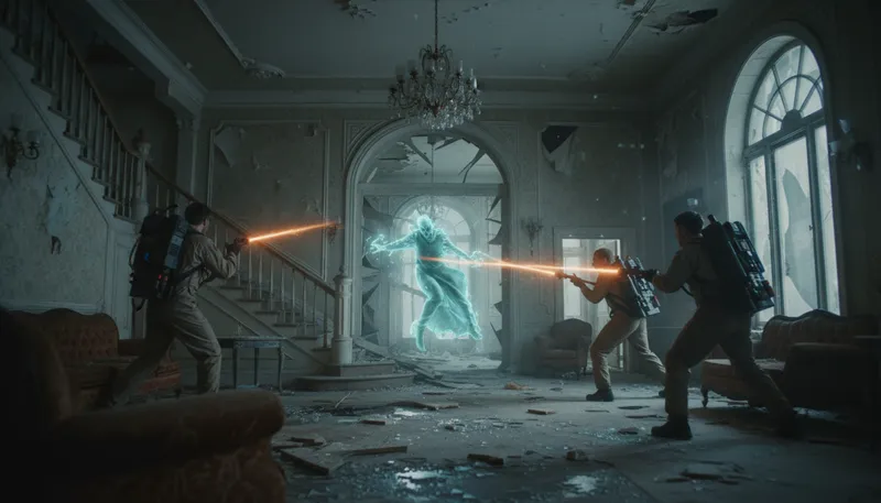 Illustration of ghostbusters: People who catch or deal with ghosts.