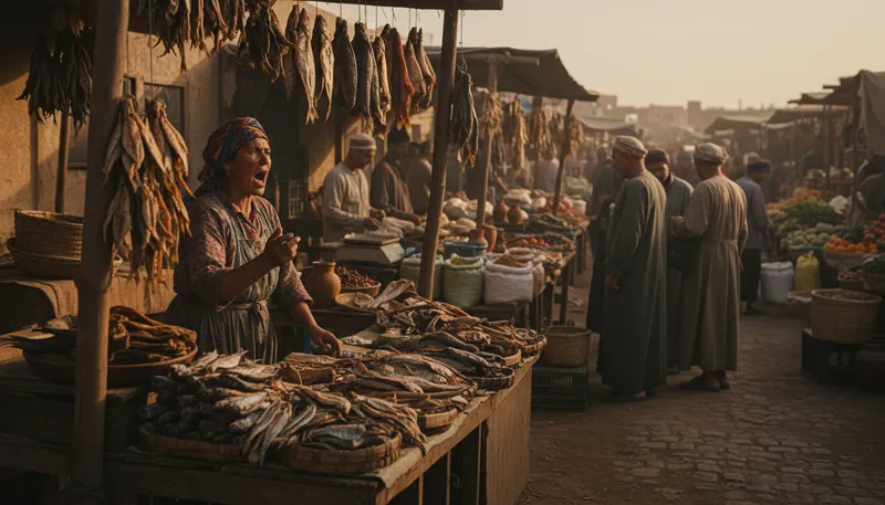 Illustration of dried-fish woman: A woman who sells dried fish.