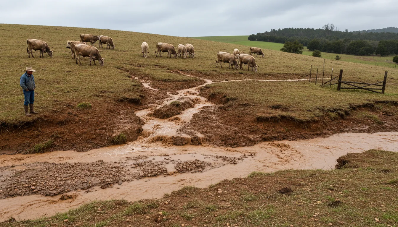 Illustration of overgraze: To let animals eat so much plant cover that the land is harmed.