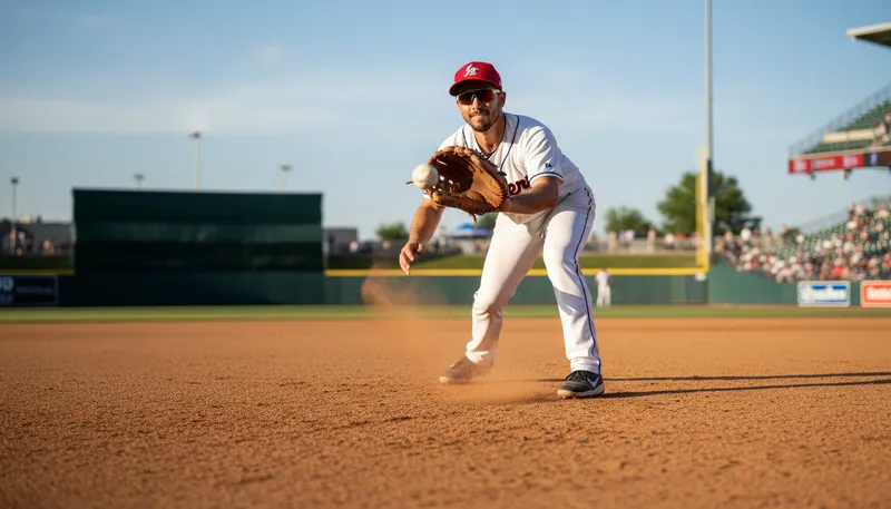 Illustration of infielder: A baseball player positioned in the infield.