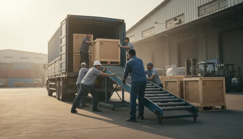 Illustration of offload: To remove or transfer goods from a vehicle.