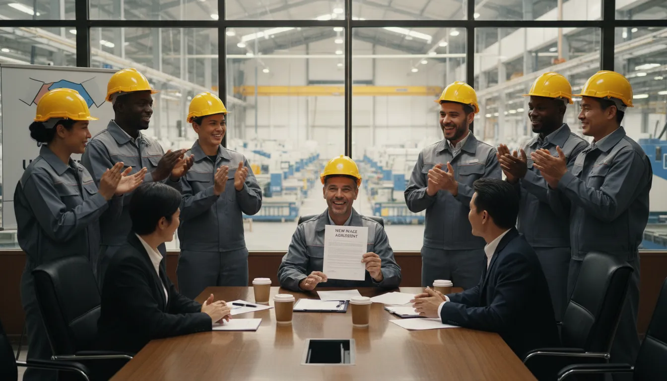 Illustration of collective bargaining: Talks between a workers' union and employers about pay and working conditions.