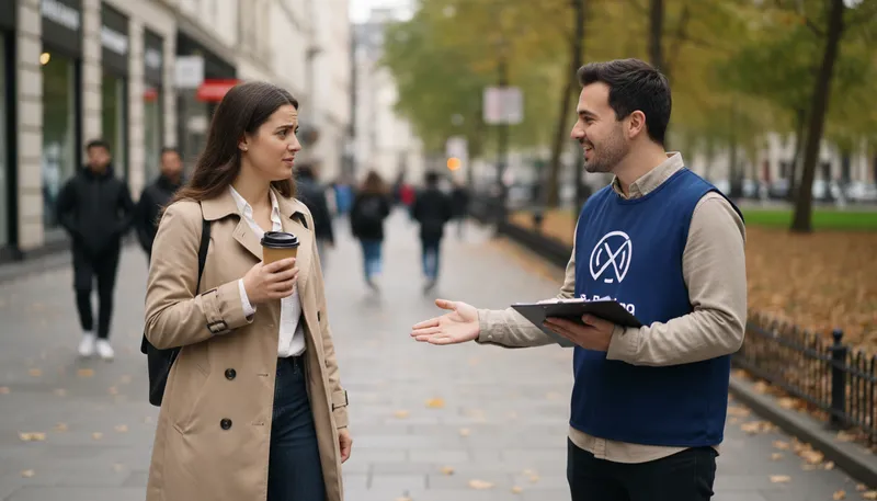 Illustration of charity mugger: someone who solicits donations aggressively