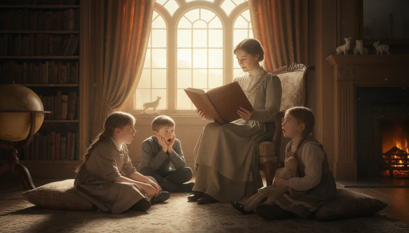 Illustration of governess: A woman employed to teach children.