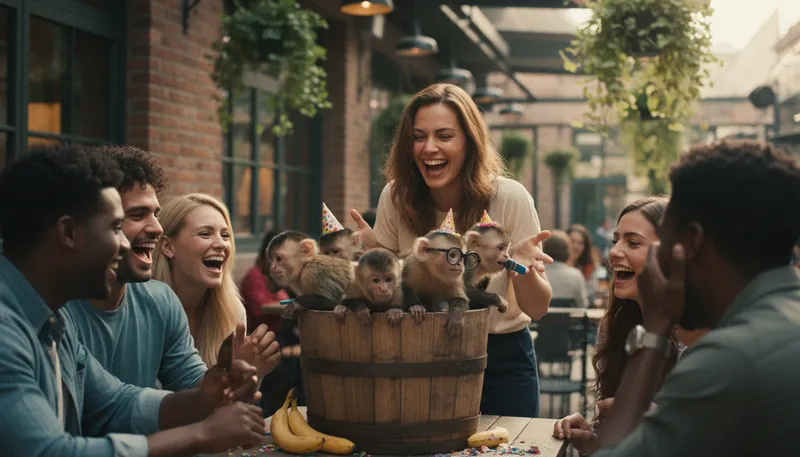Illustration of funny as a barrel of monkeys: Very funny or entertaining.