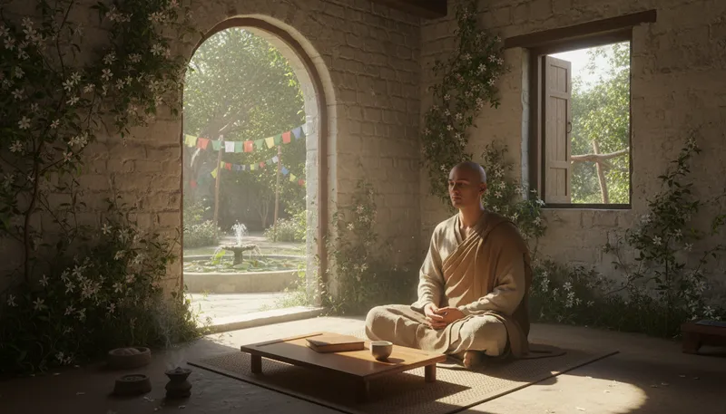 Illustration of ashram: A spiritual retreat or hermitage in India.