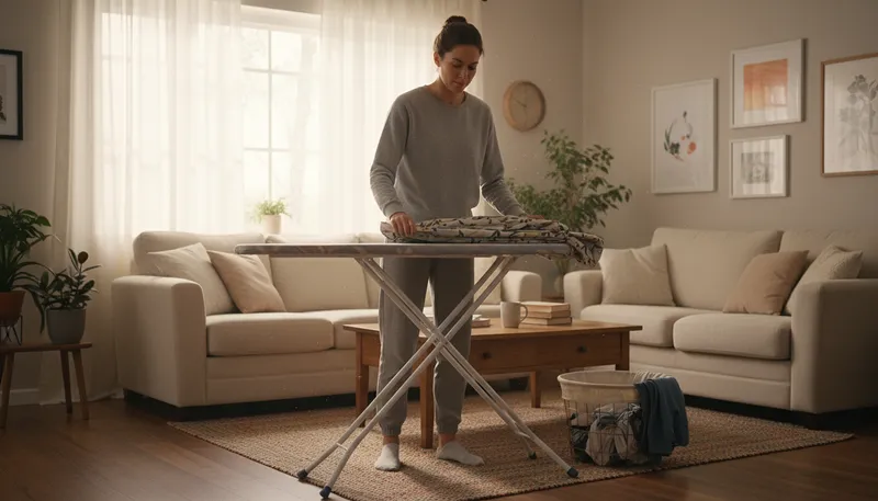 Illustration of ironing board: Flat surface for ironing clothes.