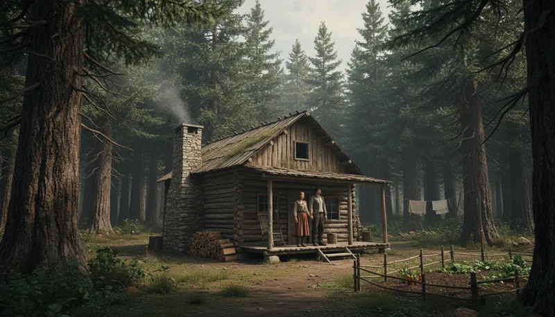 Illustration of homestead: A house with land for farming.