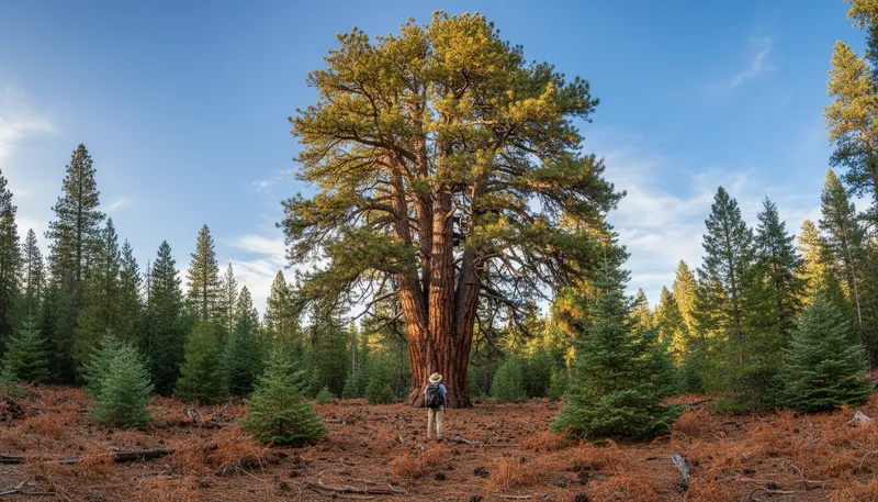 Illustration of ponderosa: A large pine tree found in western America.