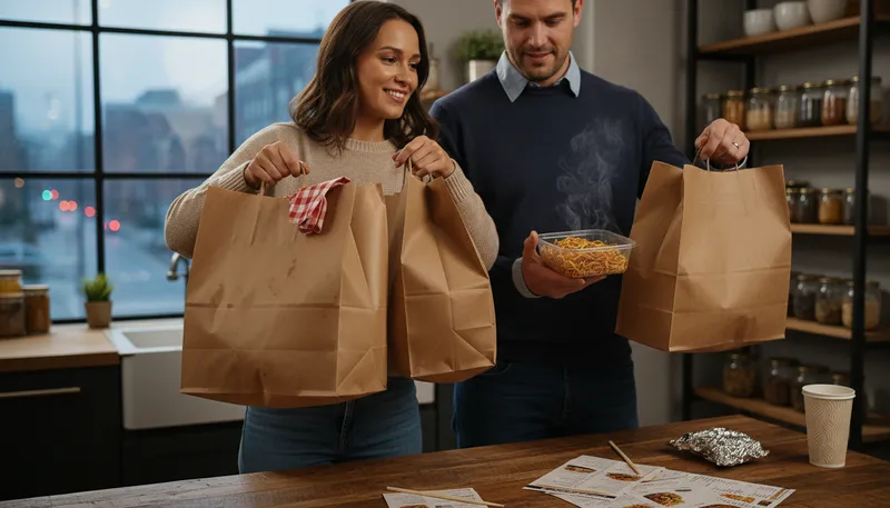 Illustration of takeout: Food ordered to be eaten elsewhere.