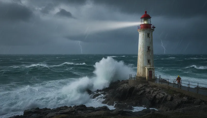 Illustration of lighthouse: a tall structure guiding ships at sea.
