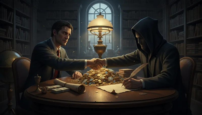 Illustration of faustian bargain: Deal sacrificing something important for gain.