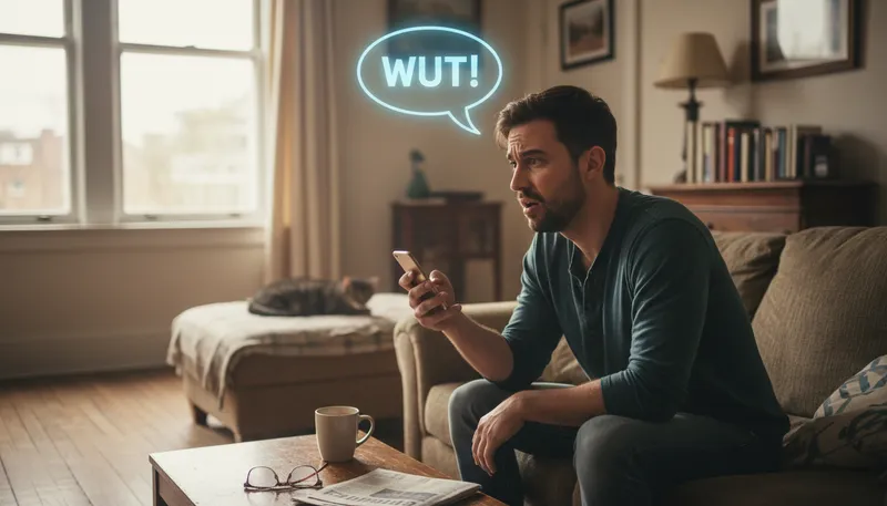 Illustration of wut: A casual expression of confusion or surprise.