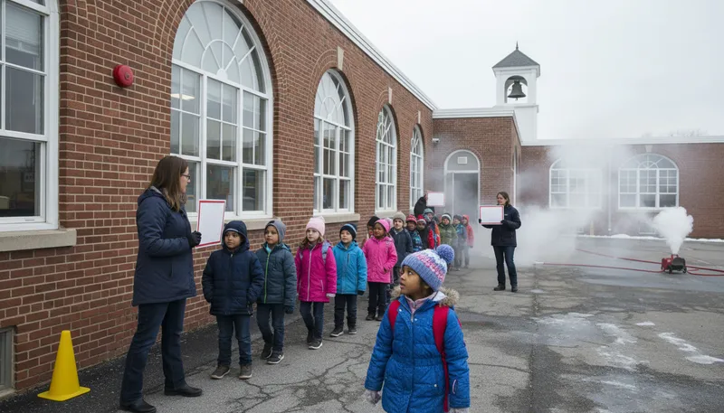 Illustration of fire drill: Practice for emergencies involving fire.