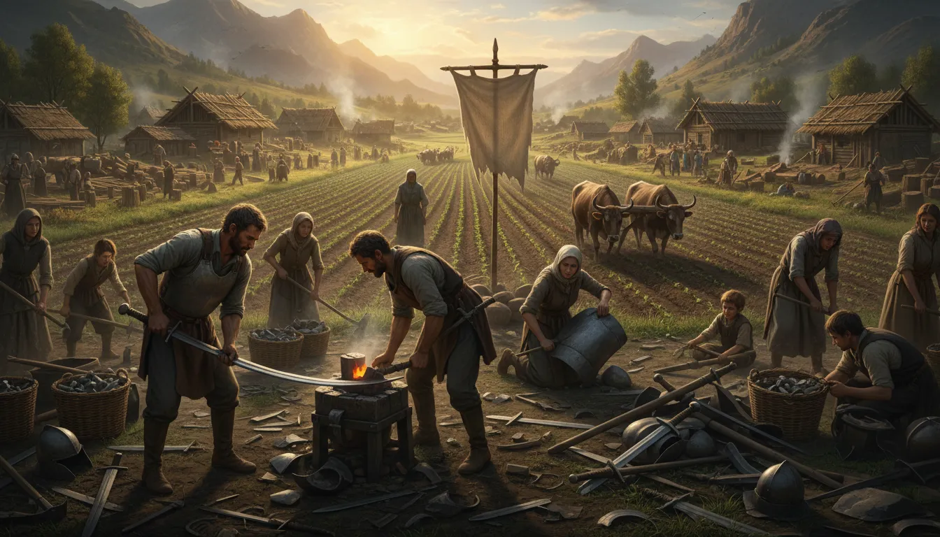 swords to plowshares-এর ইলাস্ট্রেশন: the conversion of weapons into tools for peace