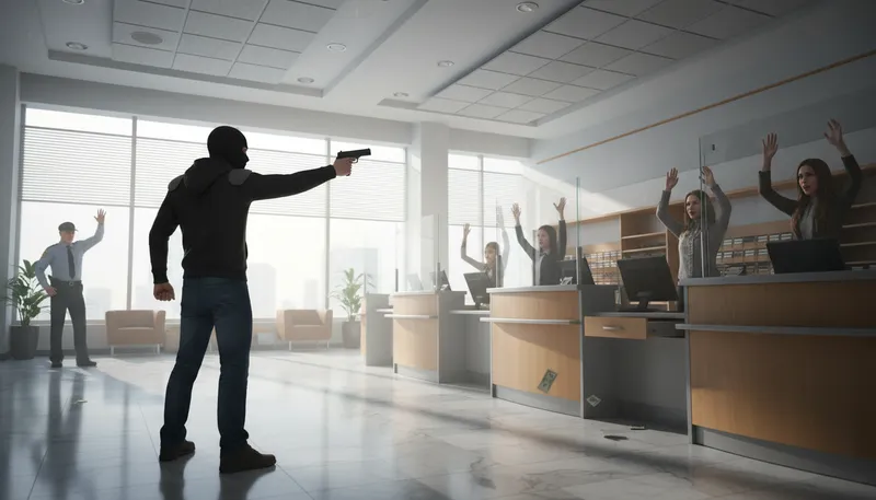 Illustration of stick 'em up: A command to raise hands, often in robbery.
