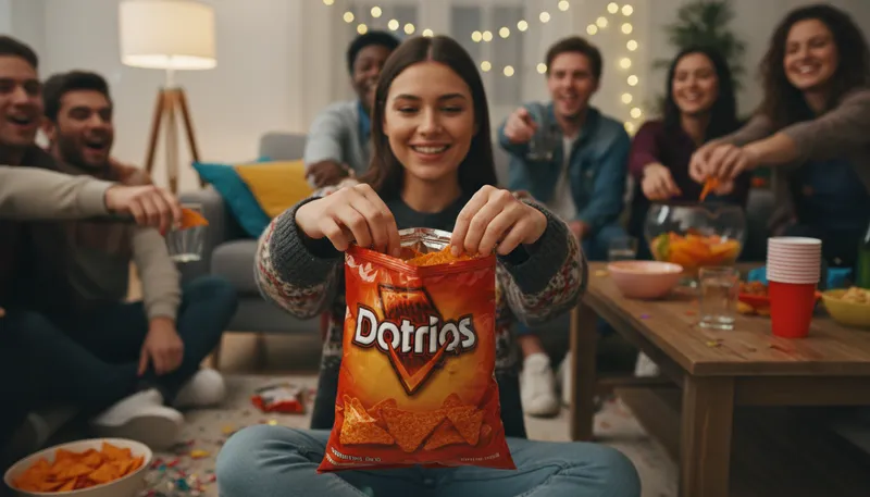 Illustration of doritos: Crunchy, cheesy tortilla chips in various flavors.