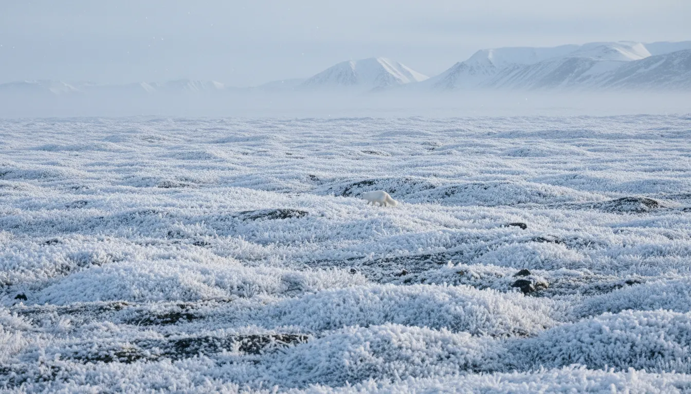 tundra 的插图：A cold, treeless region with low vegetation.