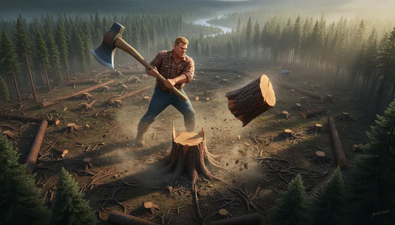 Illustration of bunyan: A legendary giant lumberjack from folklore.