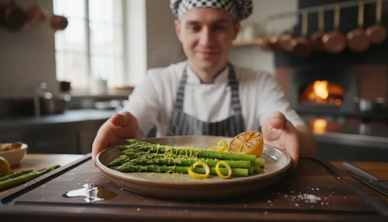 Illustration of asparagus: Green vegetable often grilled or steamed.