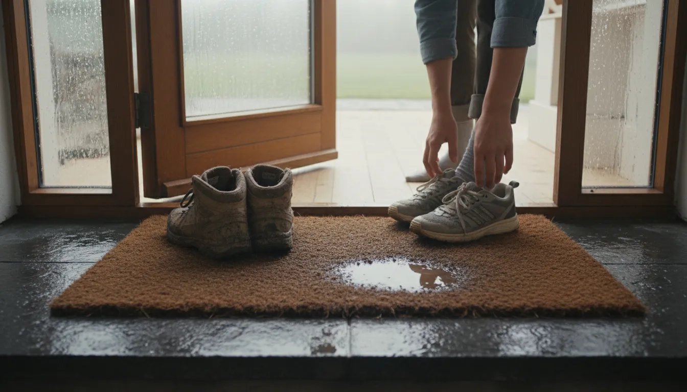 leave at the door 일러스트: to not bring something inside