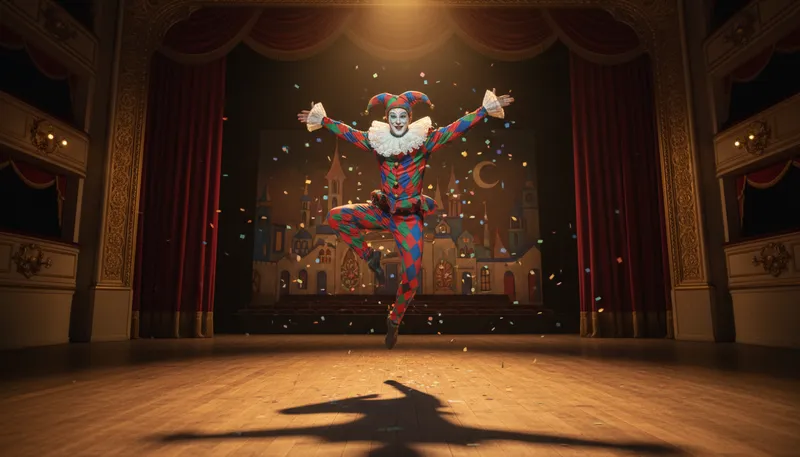 Illustration of harlequin: A comic character in a diamond-patterned costume.