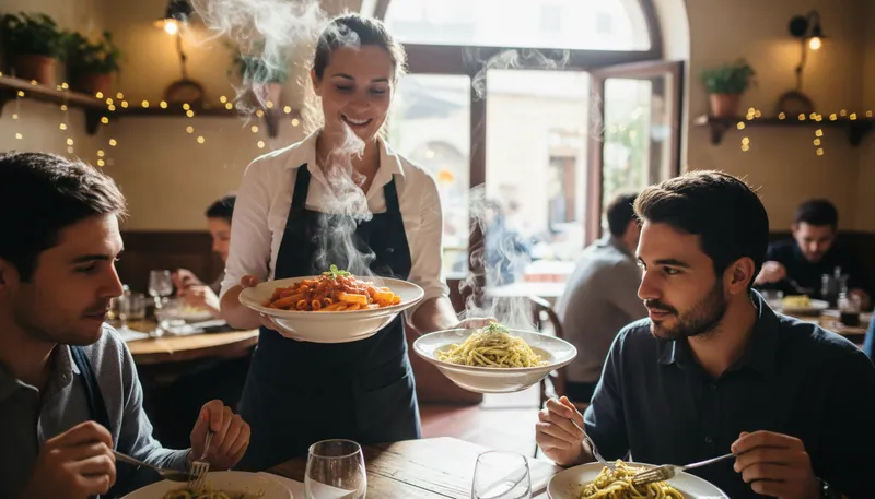 Illustration of waitress: A woman who serves food in a restaurant.