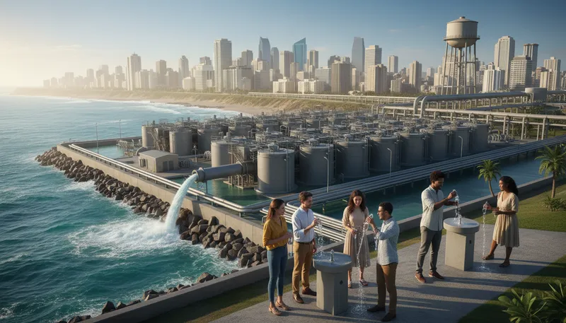 Illustration of desalination: The process of removing salt from seawater.