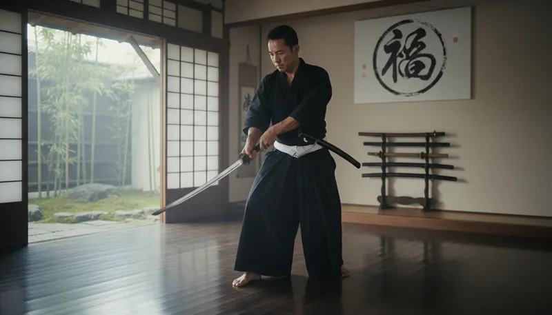 Illustration of katana: a traditional Japanese sword with a curved blade.