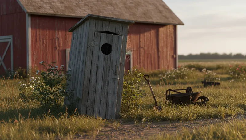 Illustration of outhouse: Outdoor toilet, usually a simple structure.