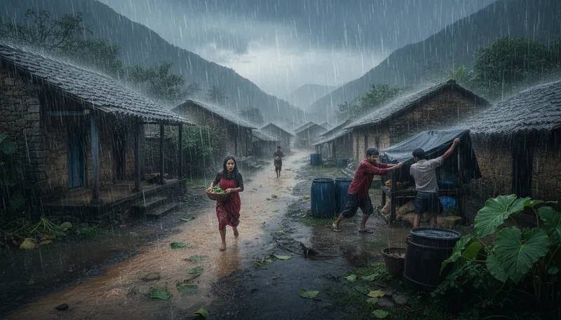 Illustration of monsoon: A seasonal heavy rainstorm.