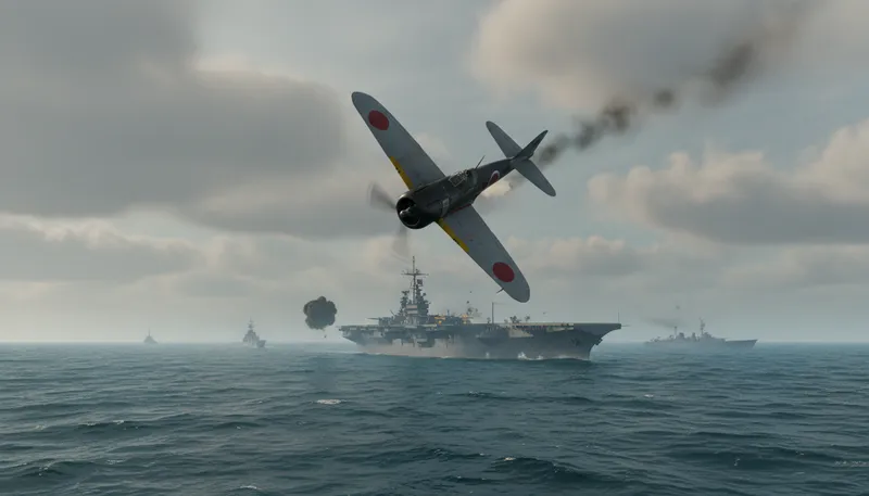 Illustration of kamikaze: A suicide attack by aircraft in WWII.