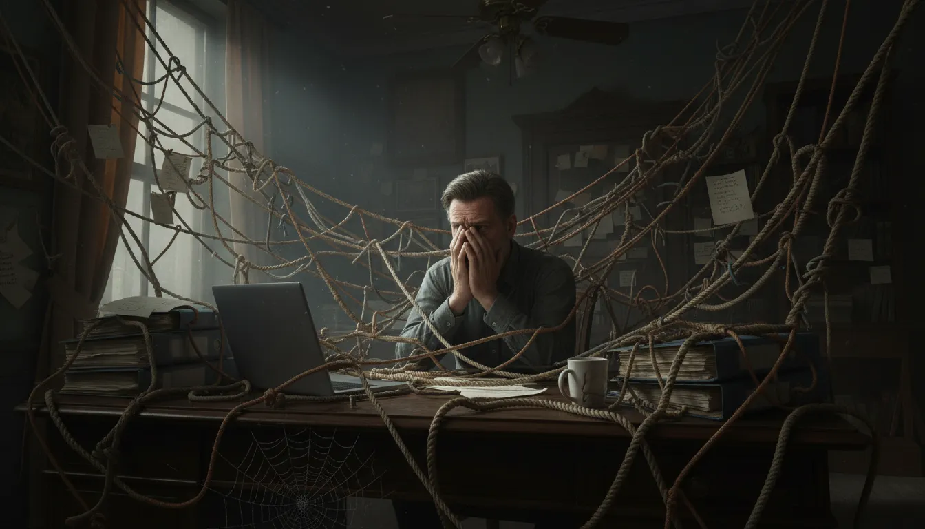 Illustration von what tangled webs we weave when first we practice to deceive: deception leads to complicated situations