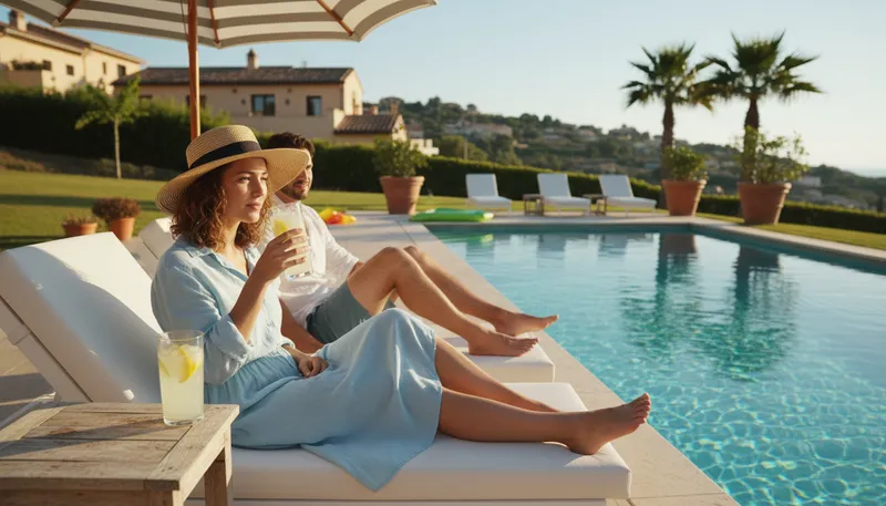 Illustration of poolside: The area beside a swimming pool.