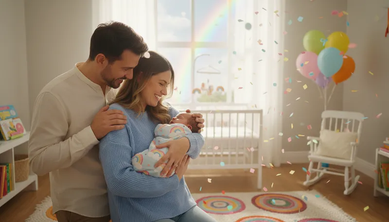 Illustration of rainbow baby: A baby born after a loss of a previous child.